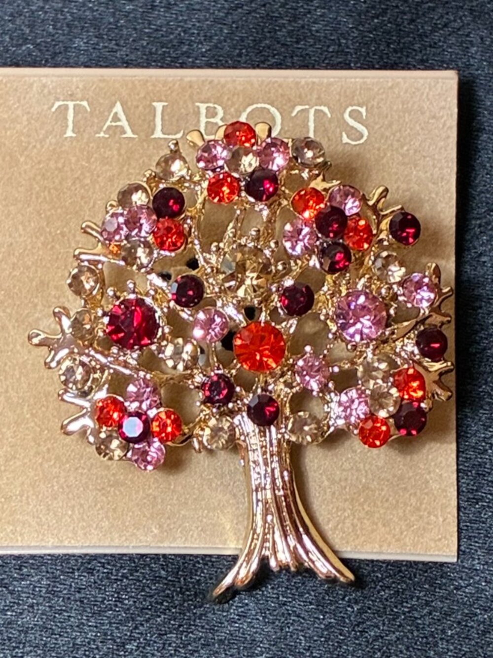 NWT Talbots Tree of Life Rhinestone Brooch Gold Tone Red Pink Fall Statement Pin